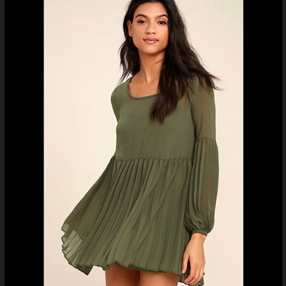 Lulus Olive Green Pleated Long Sleeve Swing Dress - Picture 3 of 11